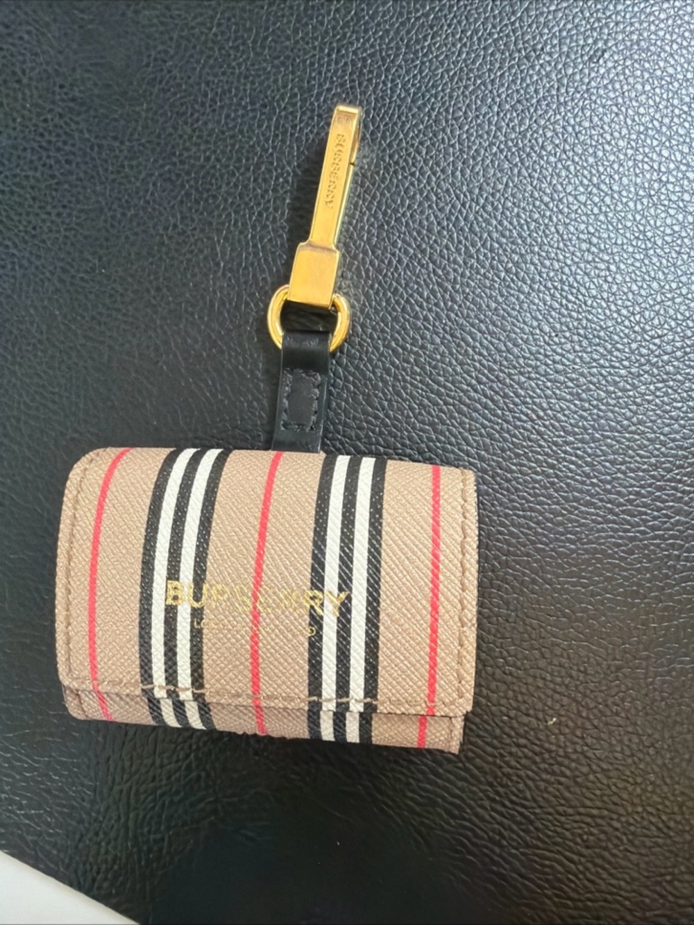 Burberry Striped Leather AirPod Case Beige with Black & Red Stripes